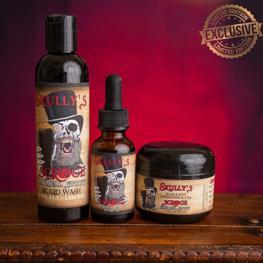 Scrooge (Seasonal Limited Edition) Beard oil, Beard wash & Beard Butter Combo Pack by skullys beard oil, oatmeal stout beard butter, oatmeal stout beard oil