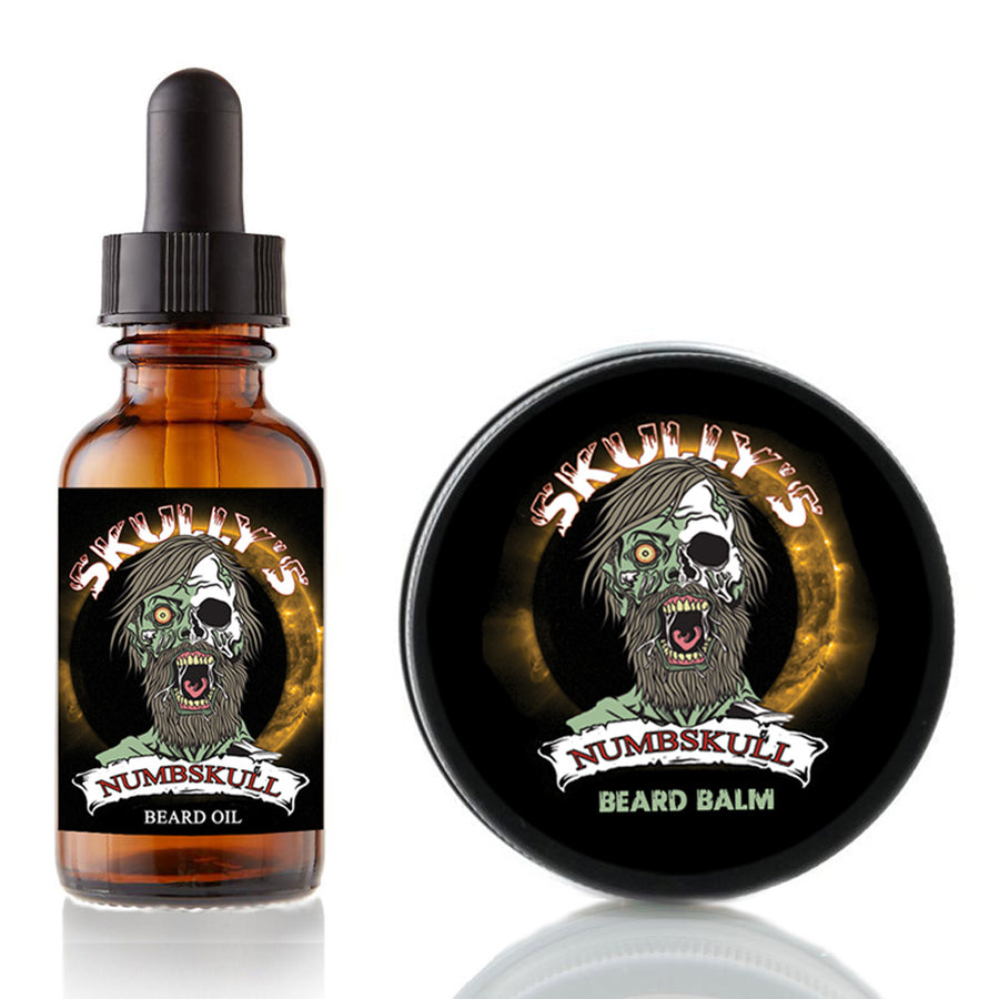 numb skull Beard Oil & Beard Balm Combo Pack (Beards Never Die Collection) Bay rum beard oil and beard balm by skully's beard oil. The best beard growth oil on the market