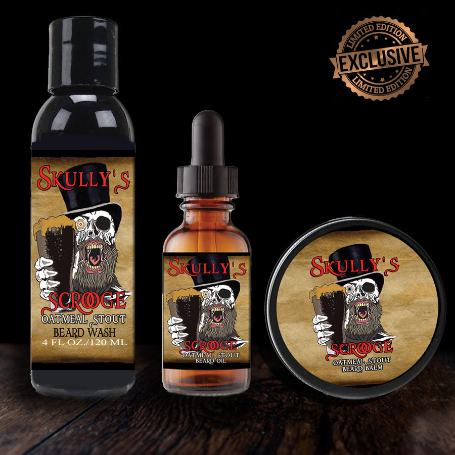 Scrooge Beard Care Combo Pack (Seasonal Limited Edition) by skullys beard oil, oatmeal stout beard oil, oatmeal stout beard balm